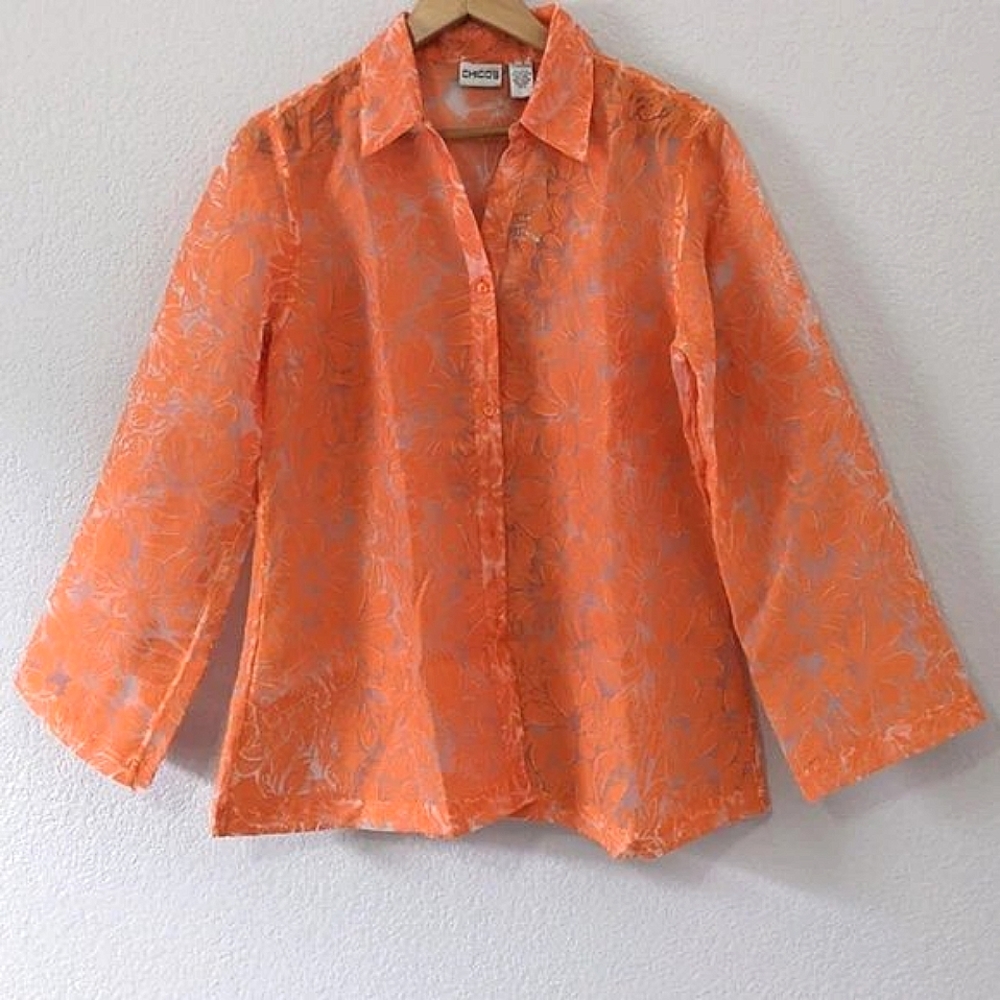 Chico's Semi-Sheer Linen Blend Floral Button Down Top, Orange